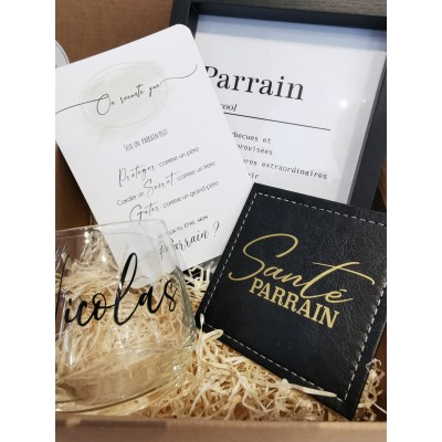 Coffret Parrain verre à whisky/rhum personnalisé - sous-verre en marbre et cadre