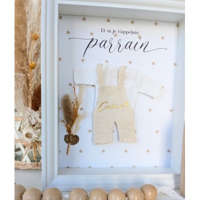 Cadre demande originale Parrain Mini-nous avec mini salopette imprimée - Thème étoiles