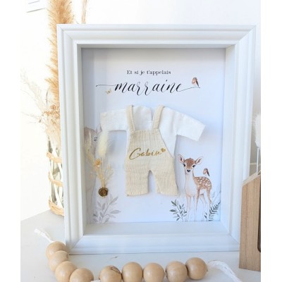 Cadre demande Marraine Mini-nous avec mini salopette imprimée - Thème petit faon
