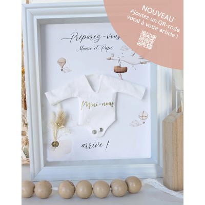 Cadre annonce Mini-nous arrive avec mini-body imprimé pour Mamie et Papi thème cigogne