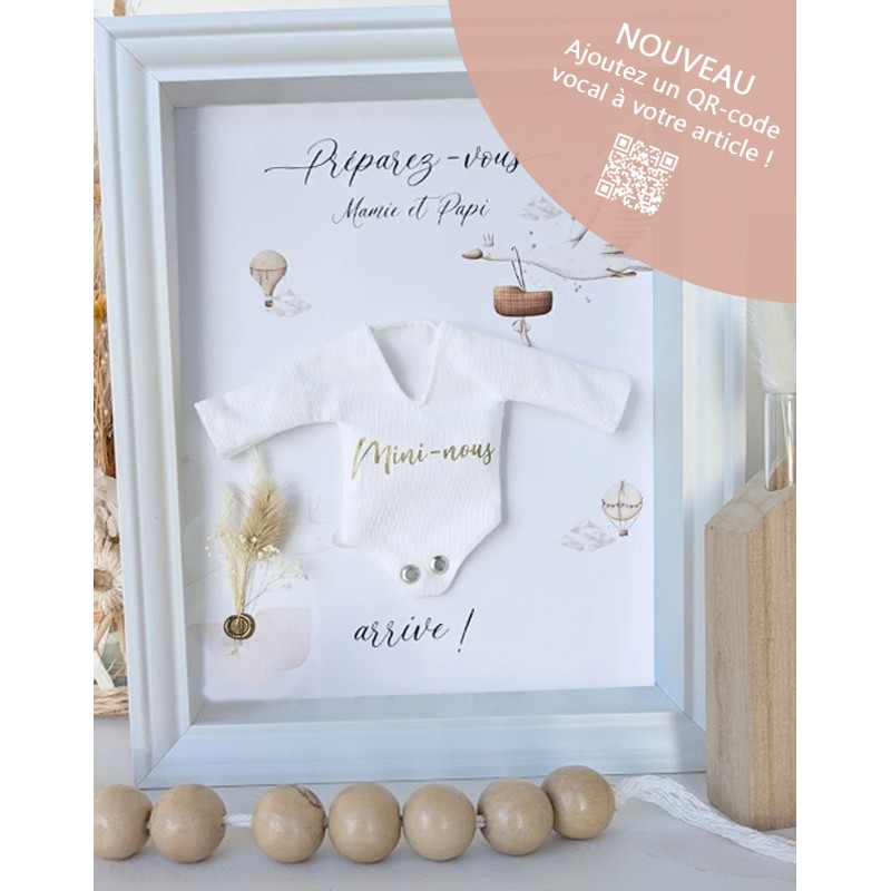 Cadre annonce Mini-nous arrive avec mini-body imprimé pour Mamie et Papi thème cigogne